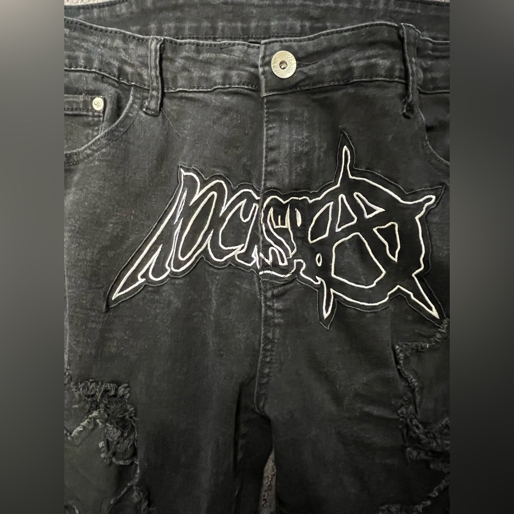 Black Rockstar Distressed Baggy Denim Men’s Jeans with Star Patches Size 40 - Picture 5 of 16